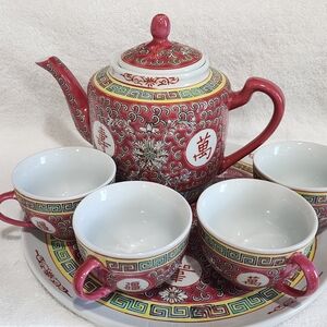 Elegant Red and White Teapot Set with Cups